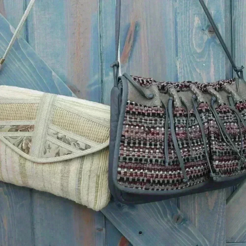 Set of 2 1980s Vintage Bohemian Purses Clutch Patchwork Fringe Fibers Crossbody